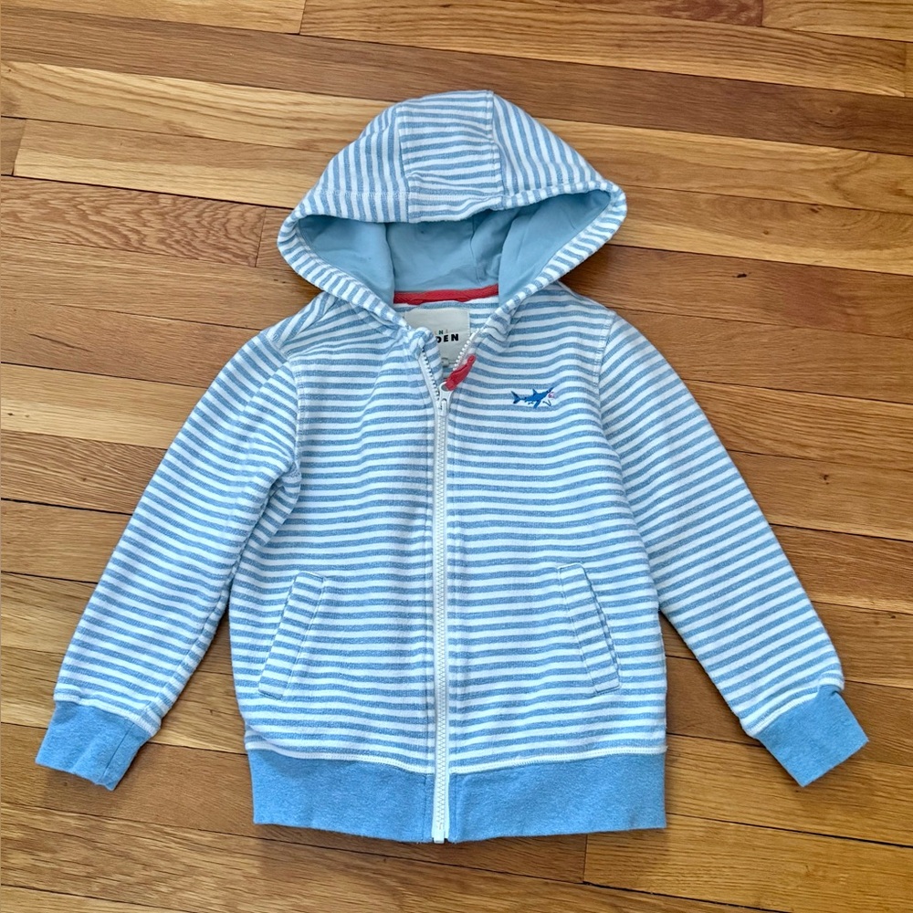 Mini Boden Kids 6-7Y Full Zip Blue/White Stripe Hooded Jacket Embroidered Shark